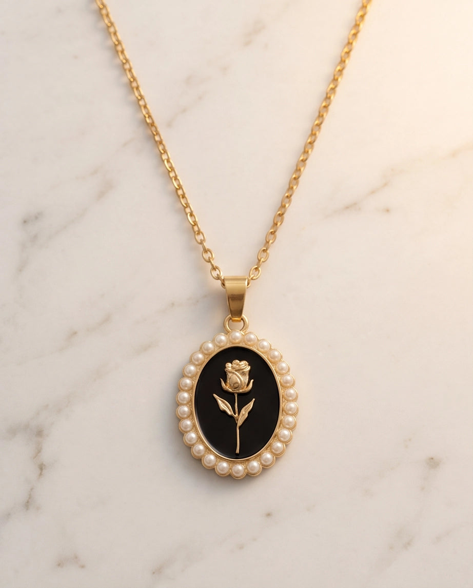 Gold Pearl Frame Black Enamel Rose Oval Pendant Necklace