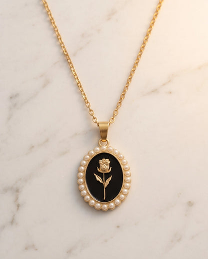Gold Pearl Frame Black Enamel Rose Oval Pendant Necklace