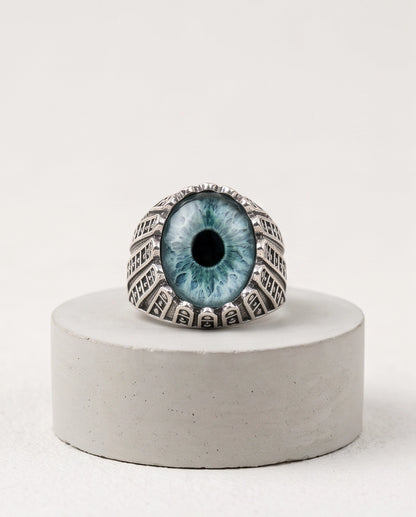 Teal-Grey Evil Eye Cabochon Architectural Bezel Silver Ring