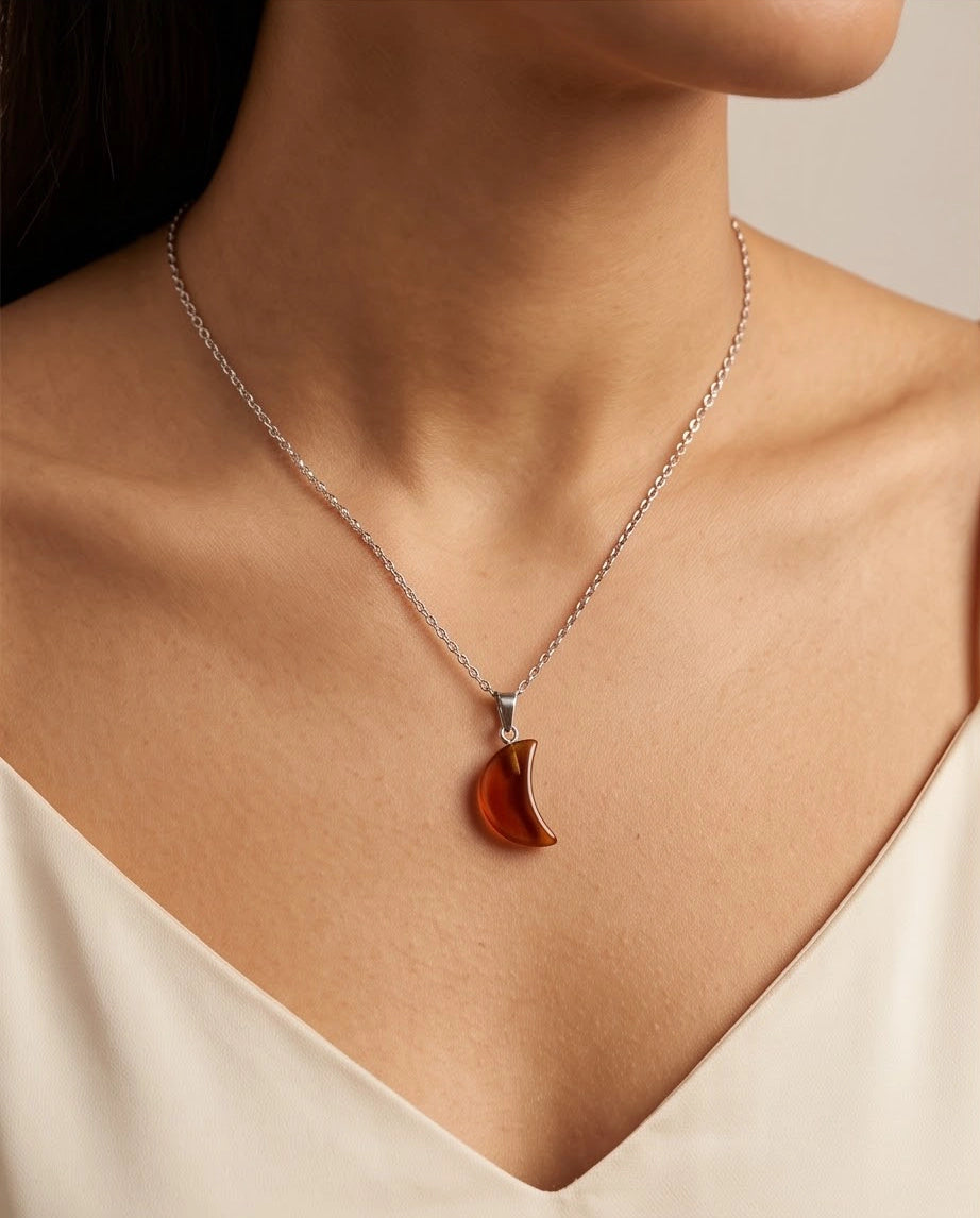 Silver Amber Resin Crescent Moon Pendant Necklace