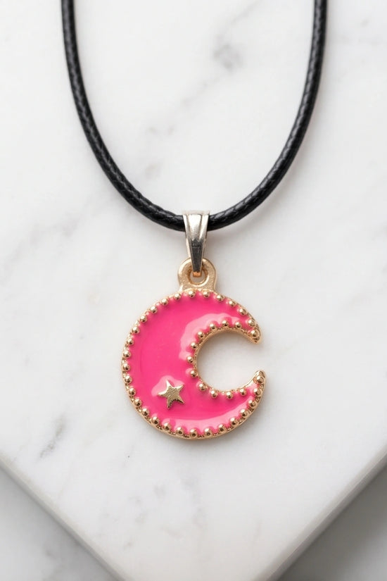 Gold and Pink Celestial Crescent Moon Necklace