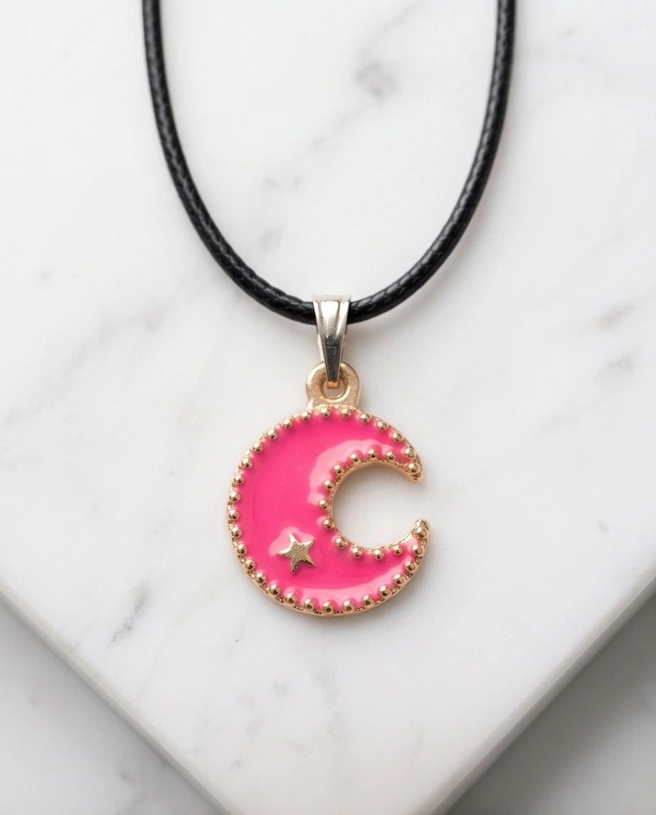 Gold and Pink Celestial Crescent Moon Necklace