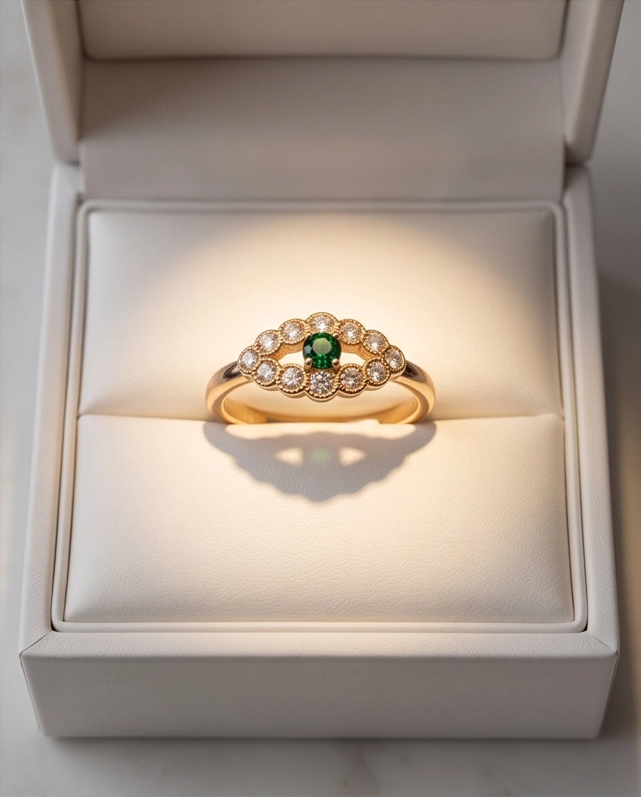 Emerald & Crystal Scalloped Halo Ring