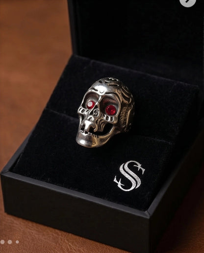 Ruby-Eyed Sculpted Sugar Skull Ring