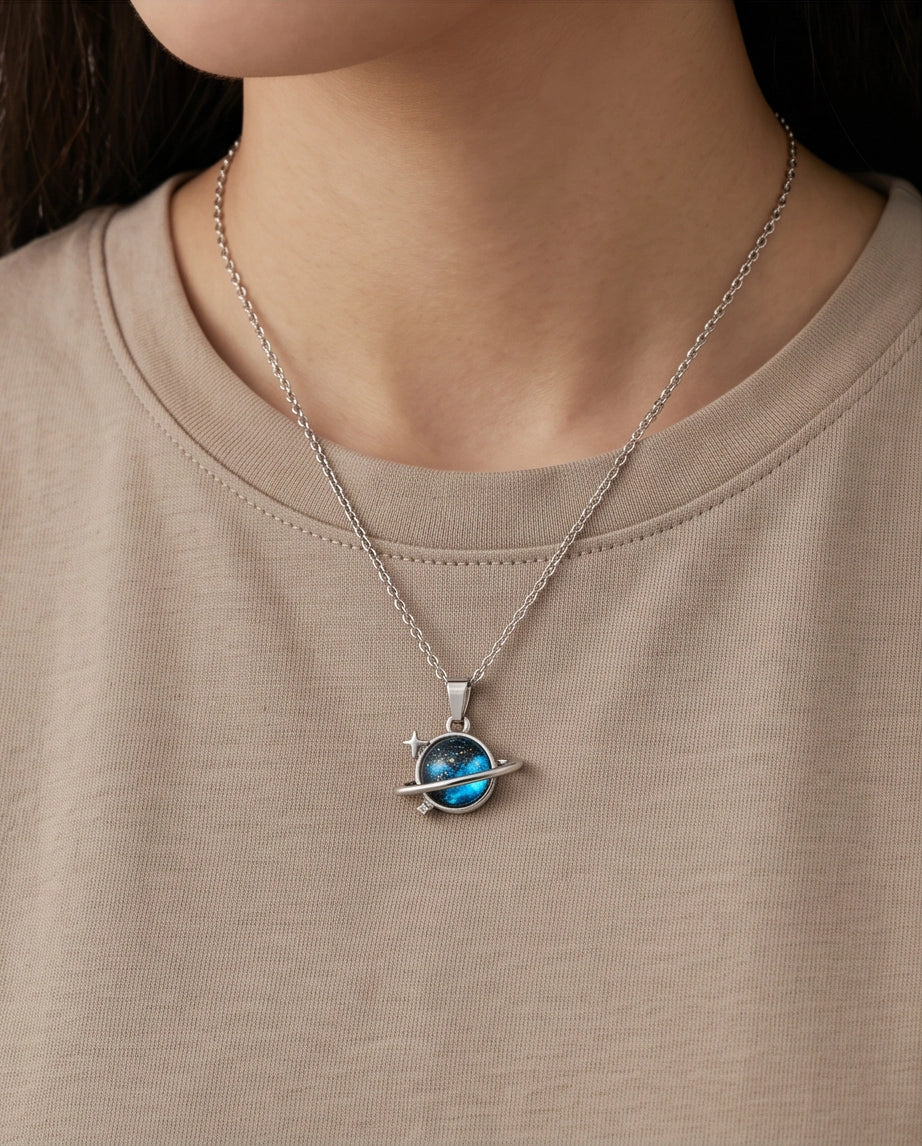 Silver Cosmic Saturn Galaxy Ring Pendant Necklace