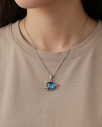 Silver Cosmic Saturn Galaxy Ring Pendant Necklace