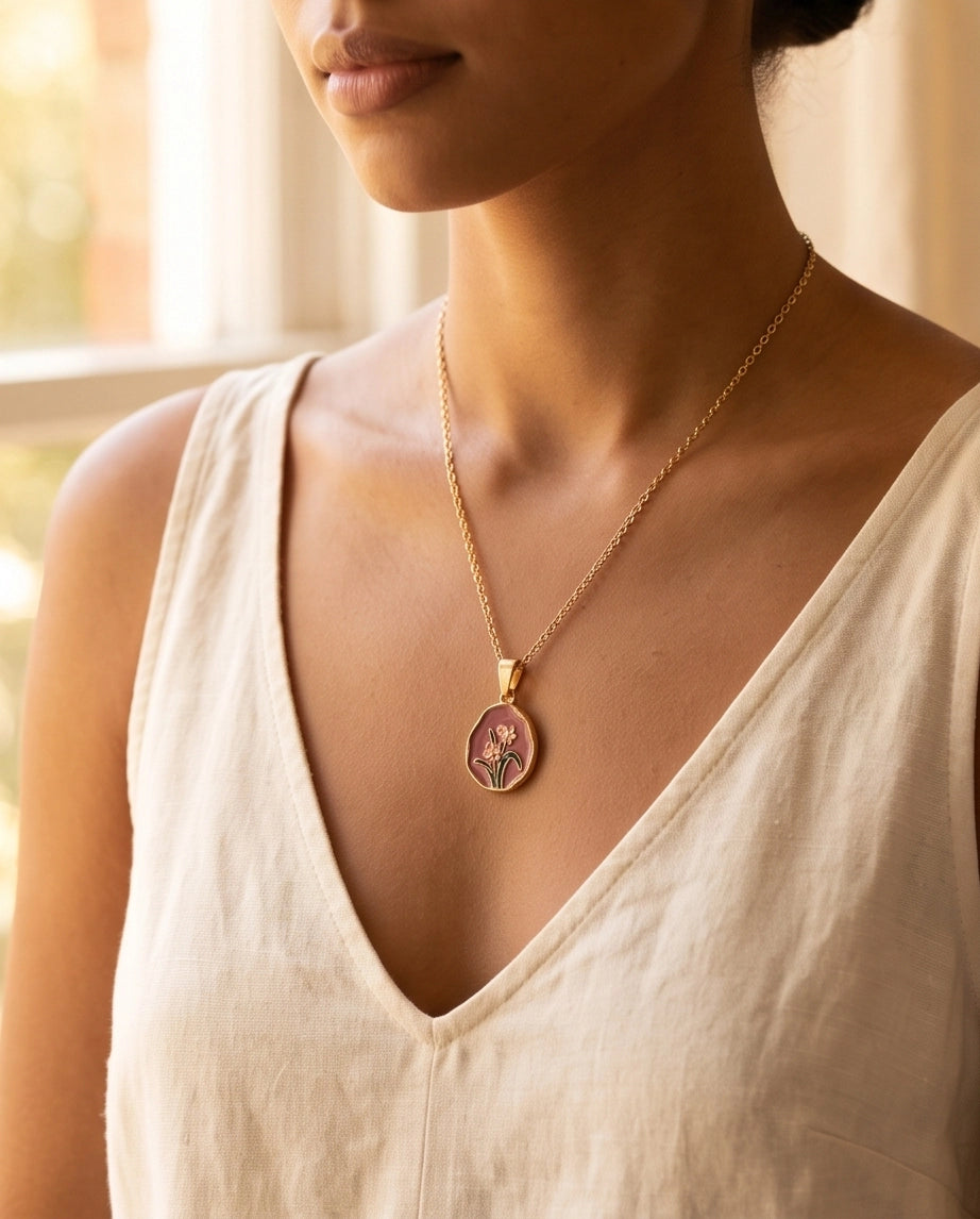 Gold Pink Floral Enamel Medallion Chain Necklace