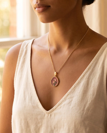 Gold Pink Floral Enamel Medallion Chain Necklace
