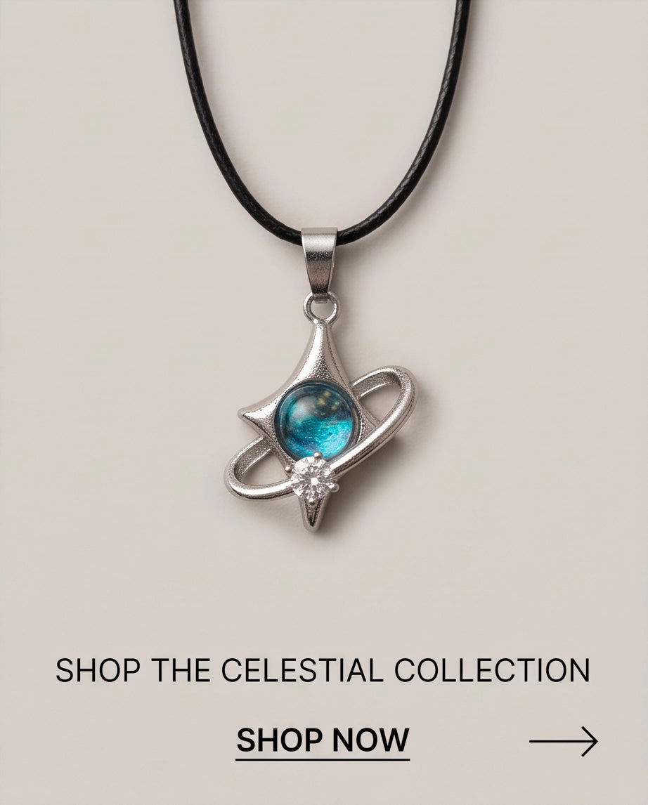 Silver Cosmic Four-Point Star Planet Ring Pendant Necklace
