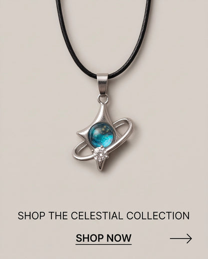 Silver Cosmic Four-Point Star Planet Ring Pendant Necklace