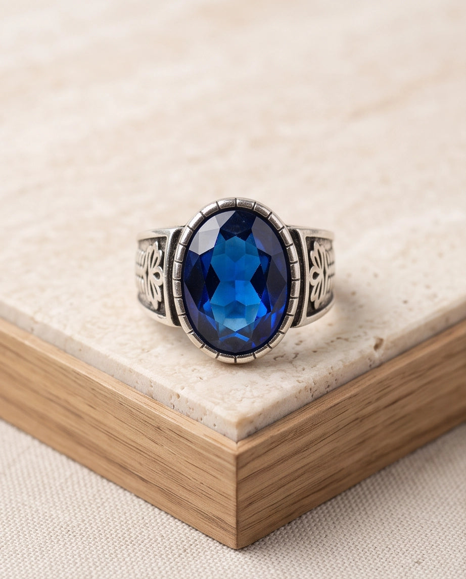 Sapphire Gemstone Notched Bezel Floral Scale Silver Ring