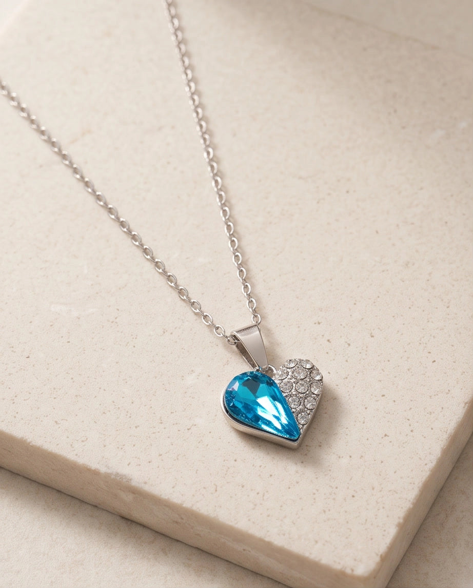 Silver Aquamarine Heart Pavé Pendant Necklace