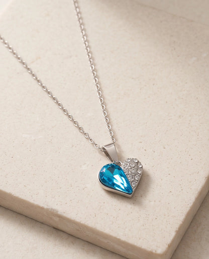 Silver Aquamarine Heart Pavé Pendant Necklace