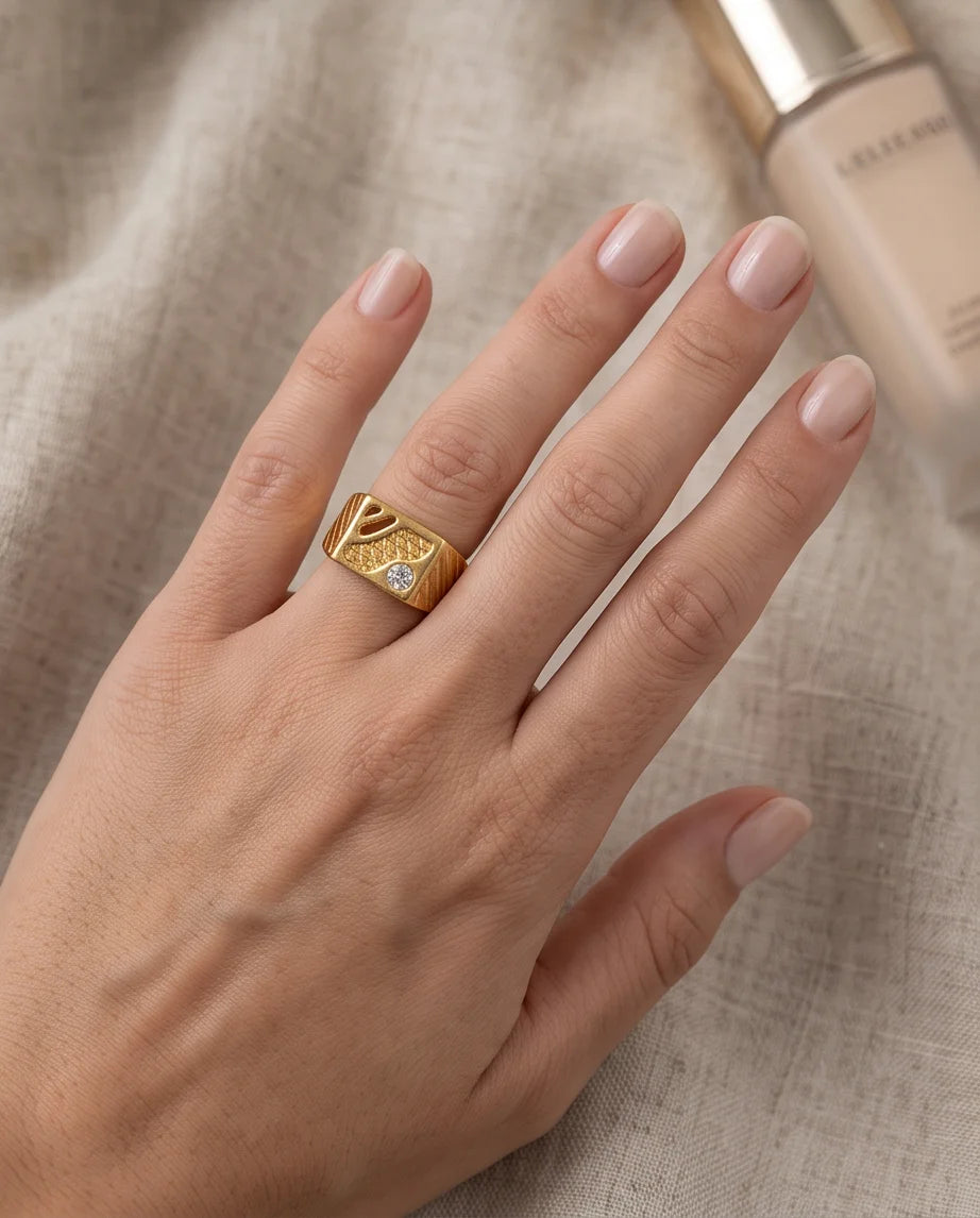 Abstract Textured Multi-Inlay Asymmetrical Signet Gold Ring