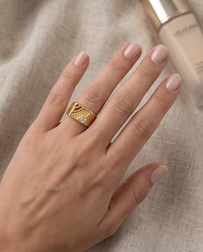 Abstract Textured Multi-Inlay Asymmetrical Signet Gold Ring