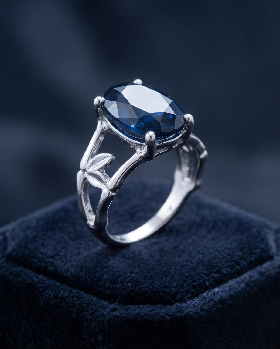 Silver Oval Sapphire Botanical Solitaire Ring