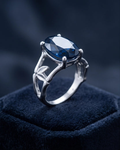 Silver Oval Sapphire Botanical Solitaire Ring