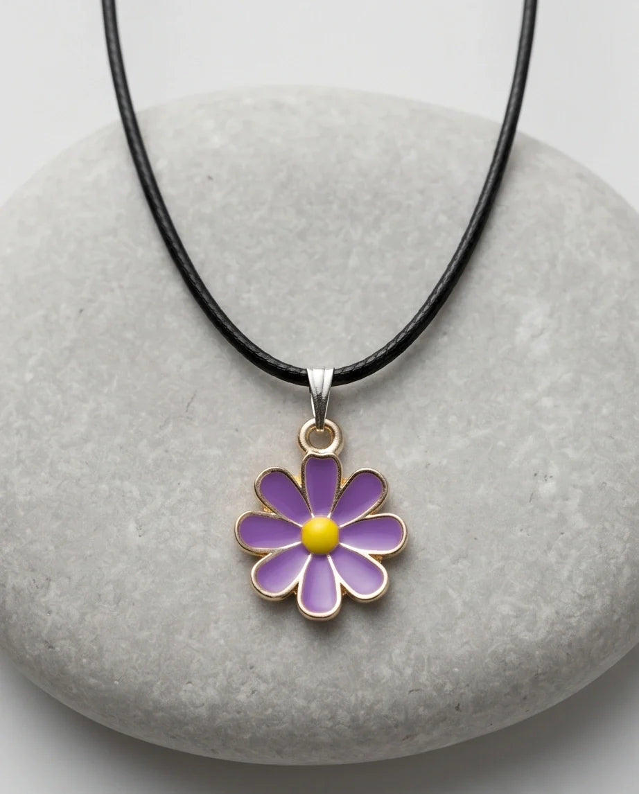 Vibrant Purple Daisy Enamel Pendant Necklace