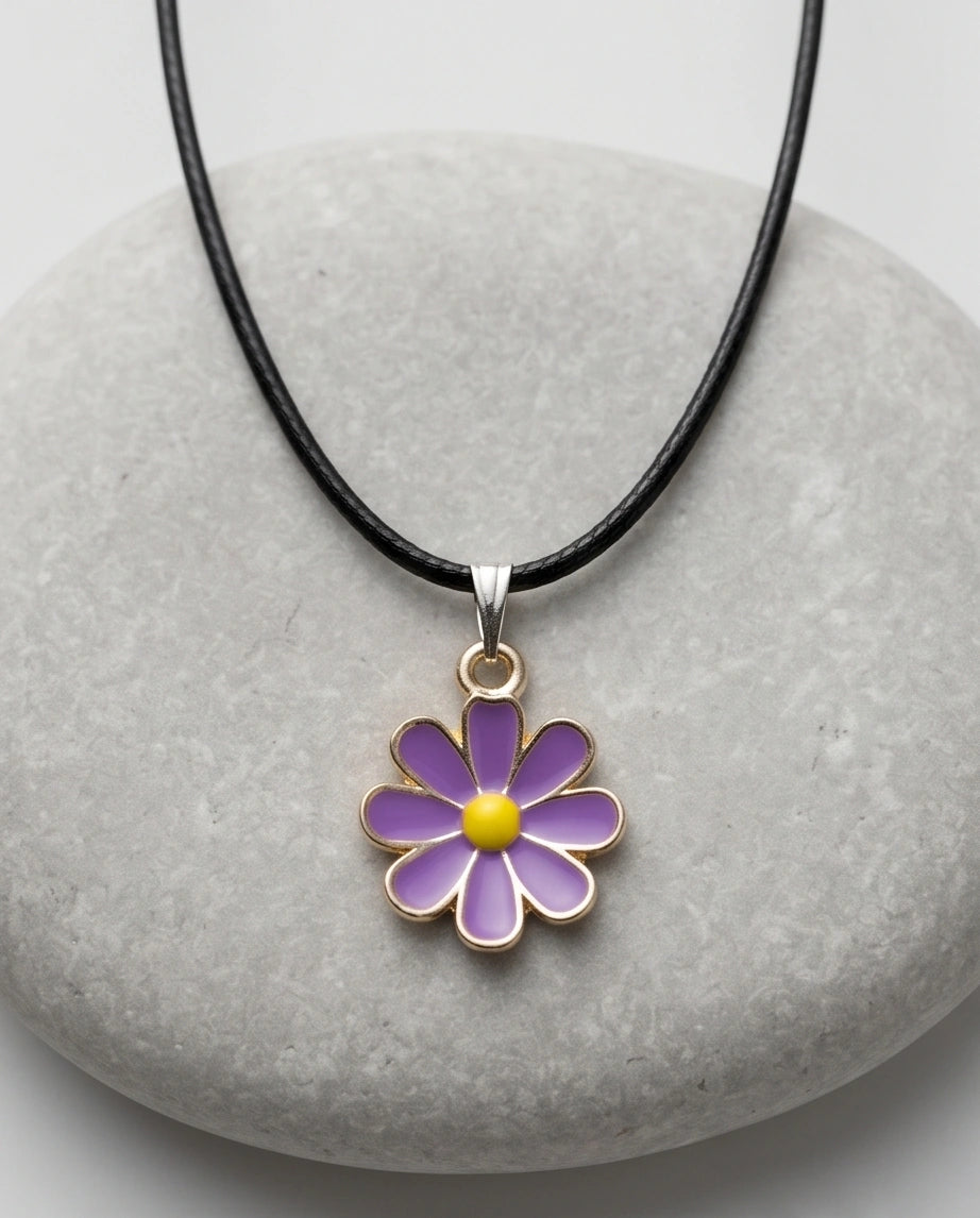 Vibrant Purple Daisy Enamel Pendant Necklace