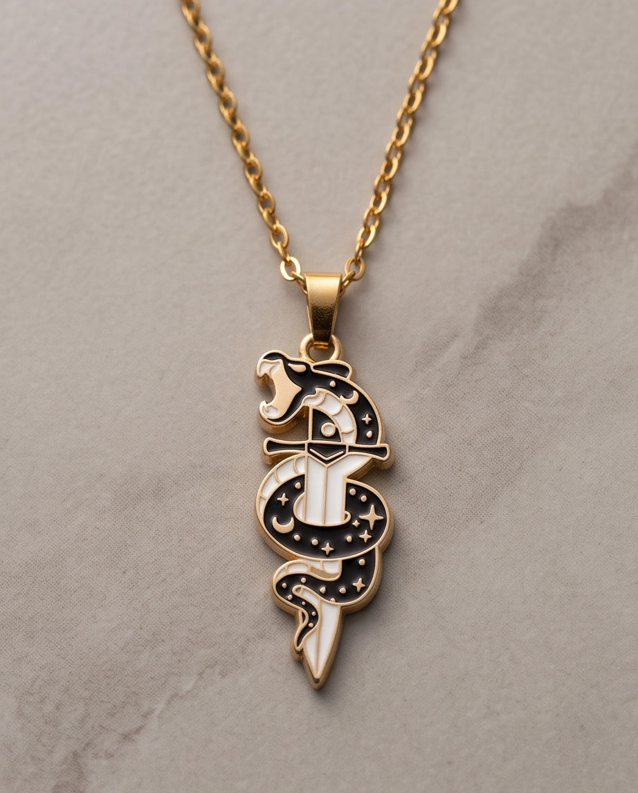 Gold Snake & Dagger Celestial Enamel Pendant Necklace