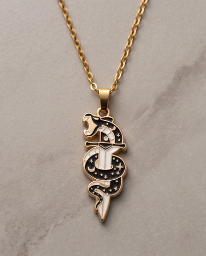 Gold Snake & Dagger Celestial Enamel Pendant Necklace