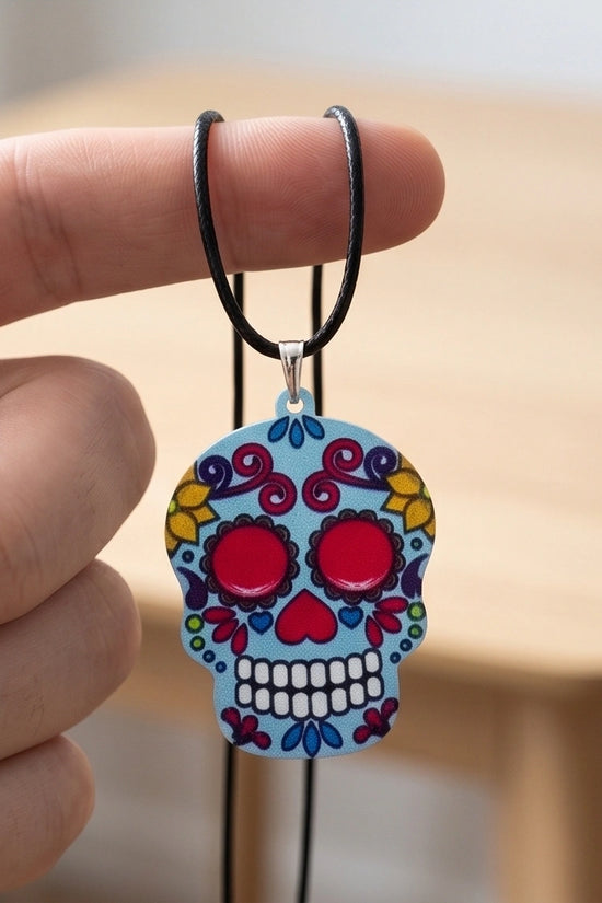 Vibrant Light Blue Sugar Skull Día de los Muertos Pendant Necklace