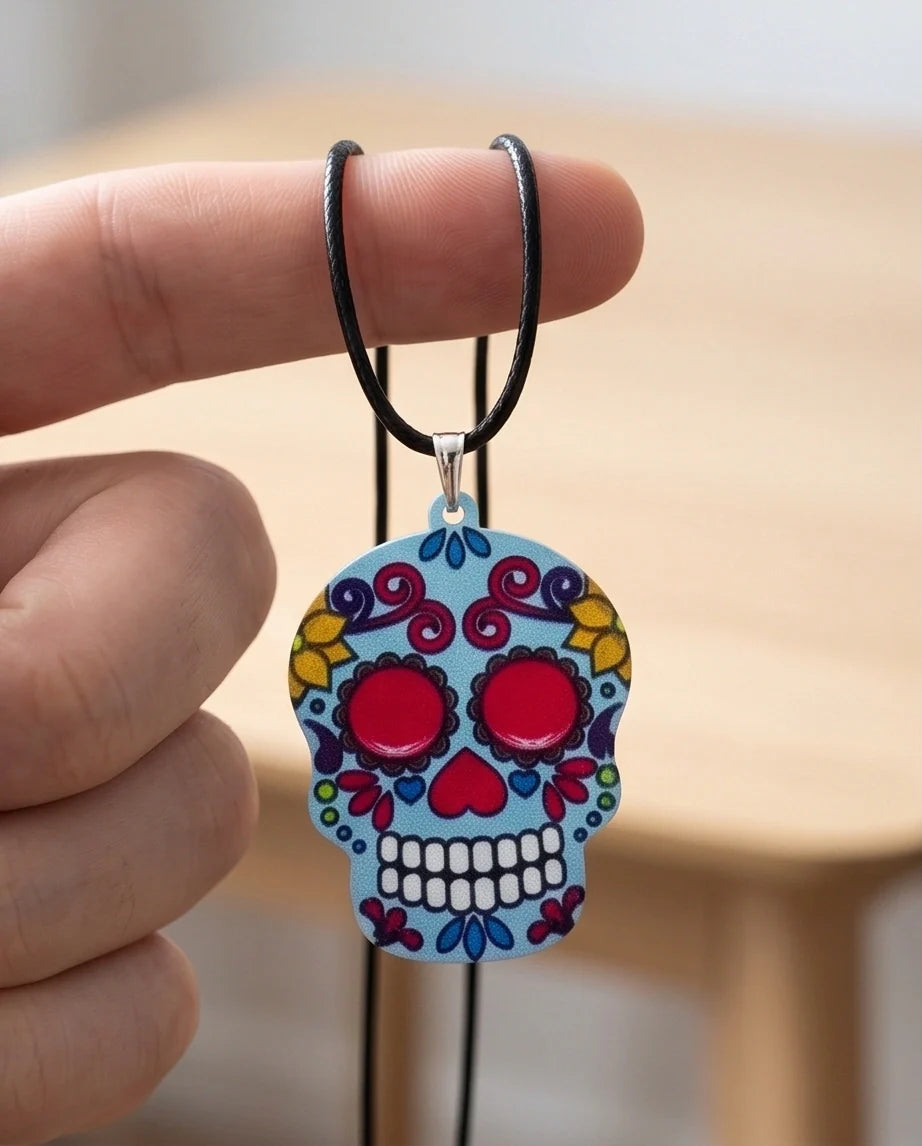 Vibrant Light Blue Sugar Skull Día de los Muertos Pendant Necklace