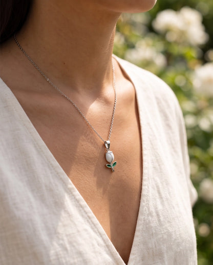 Silver White Enamel Tulip Pendant Necklace
