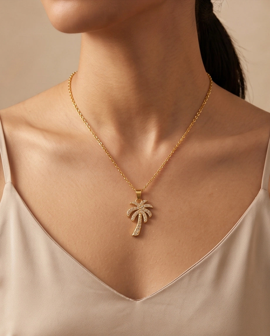 Gold Crystal Pavé Palm Tree Pendant Necklace
