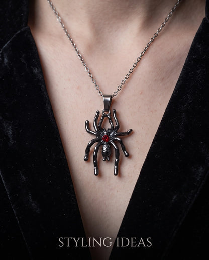 Black Spider Red Round Crystal Gem Pendant Necklace