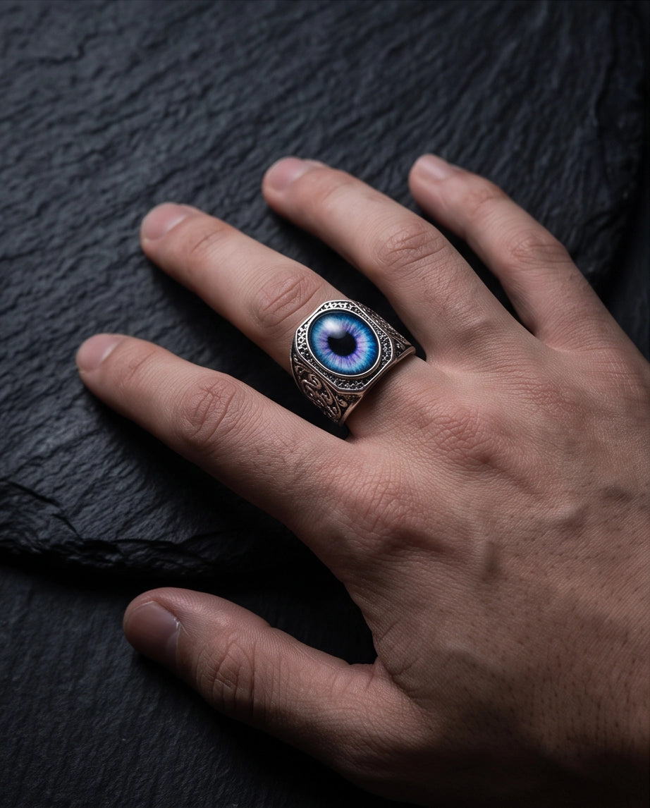 Nebula Blue-Purple Evil Eye Cabochon Gothic Filigree Silver Ring