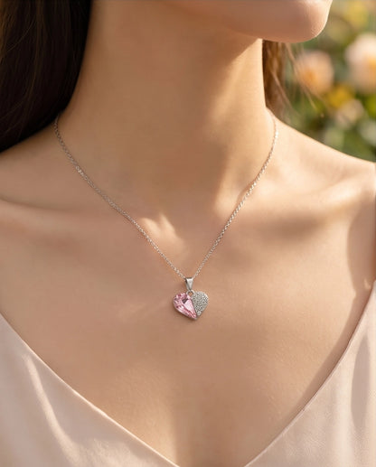 Silver Rose Pink Heart Pavé Pendant Necklace