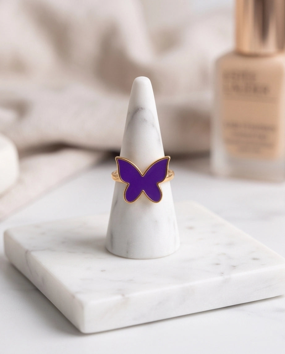 Gold Purple Butterfly Enamel Ring