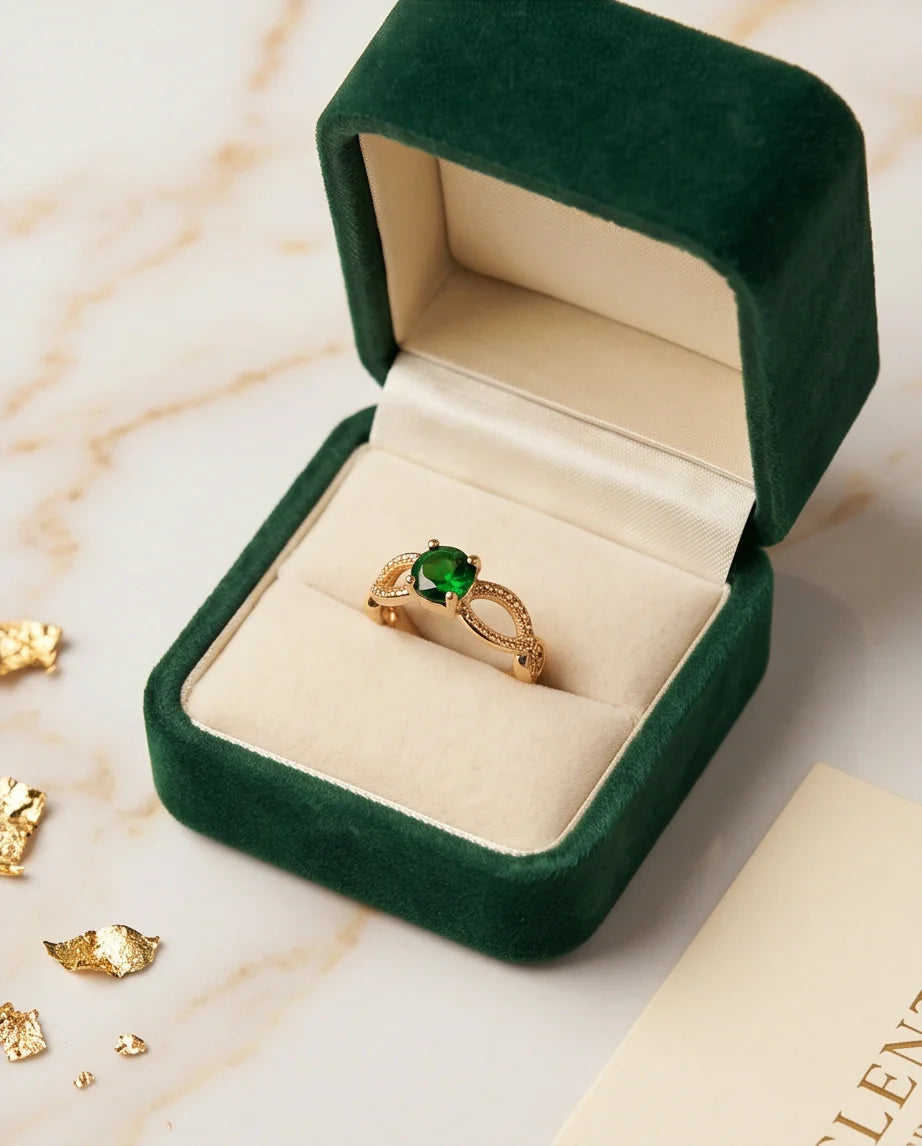 Gold Emerald Round Infinity Twist Ring