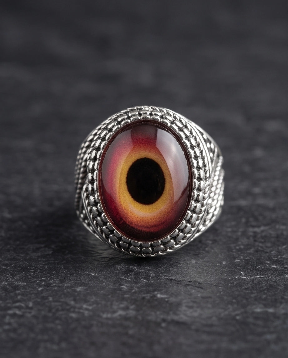 Crimson Evil Eye Beaded Silver Ring