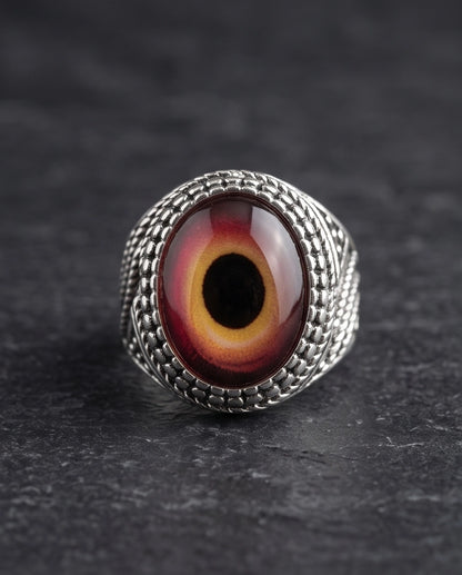 Crimson Evil Eye Beaded Silver Ring