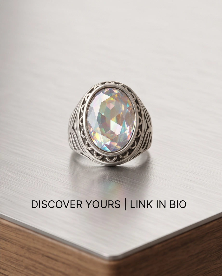 Mystic Rainbow Iridescent Oval-Cut Gemstone Ornate Bezel Silver Ring
