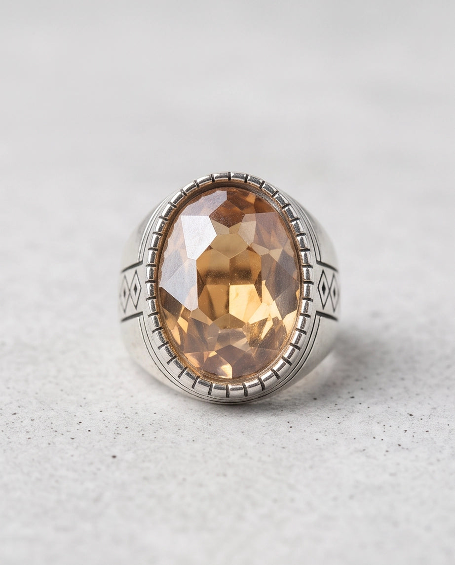 Citrine Gemstone Notched Bezel Geometric Diamond Silver Ring