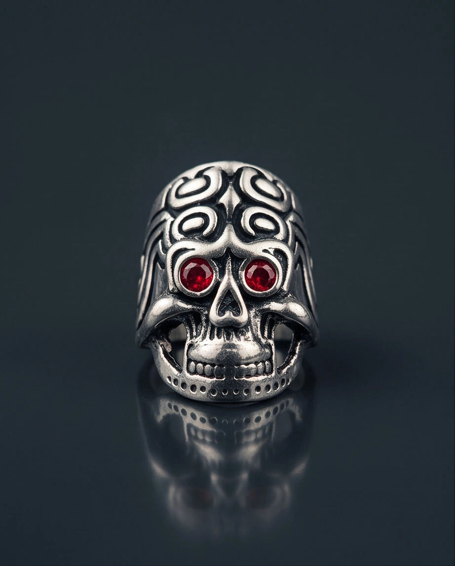 Crimson-Eyed Tribal Ornament Skull Ring