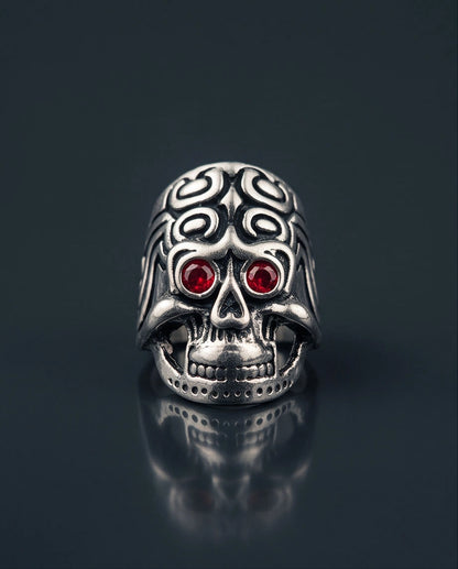 Crimson-Eyed Tribal Ornament Skull Ring