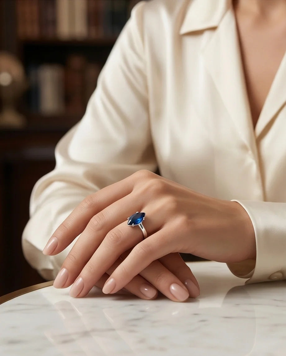 Sterling Silver Marquise-Cut Sapphire Blue Solitaire Ring