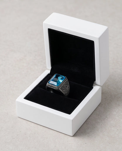 Jet Black Emerald-Cut Onyx Geometric Architectural Silver Ring