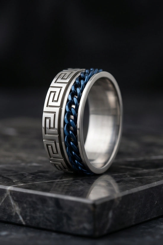 Modern Greek Key Blue Chain Spinner Ring