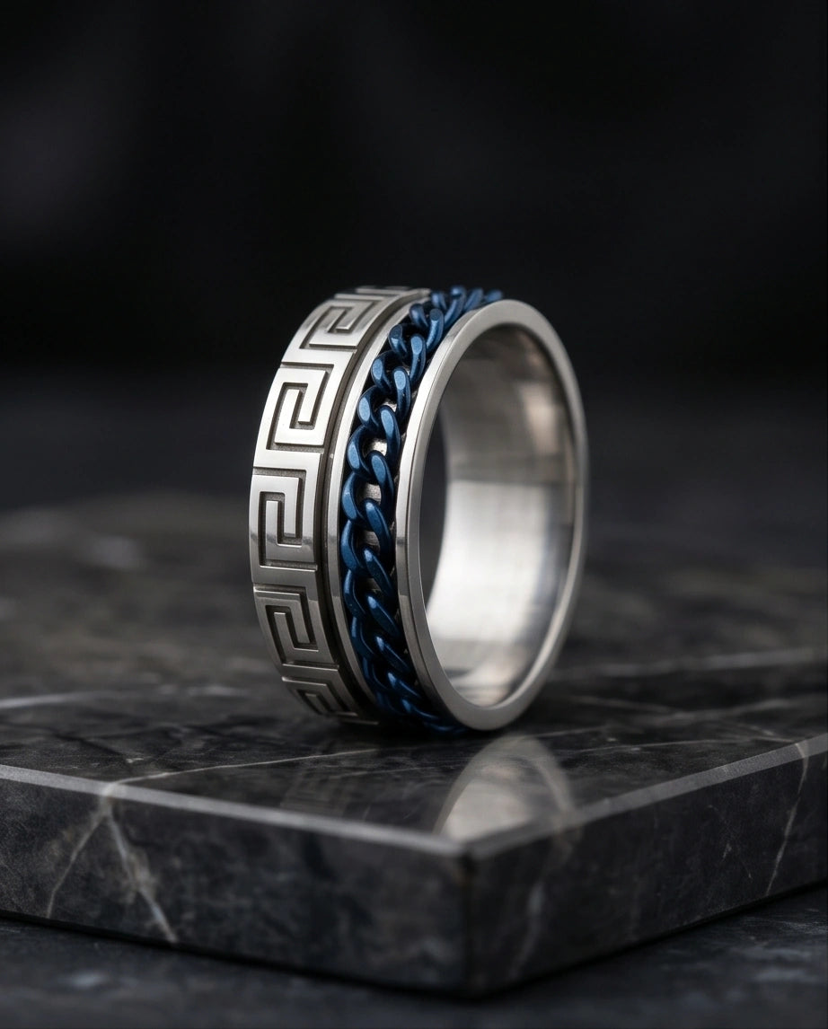 Modern Greek Key Blue Chain Spinner Ring