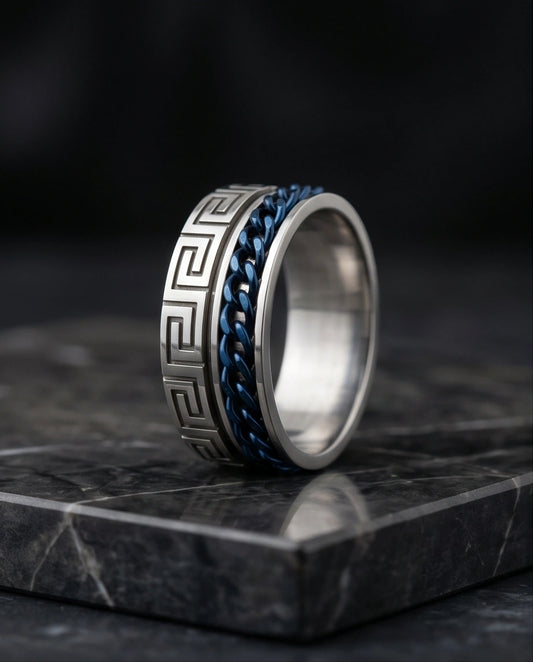 Modern Greek Key Blue Chain Spinner Ring