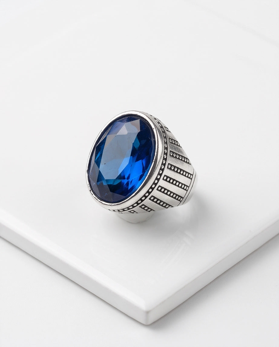 Sapphire Gemstone Beaded Surround Vertical Ribbed Silver Ring