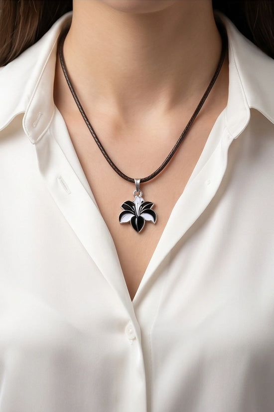 Bold Black and White Lily Enamel Pendant Necklace
