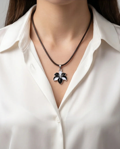 Bold Black and White Lily Enamel Pendant Necklace