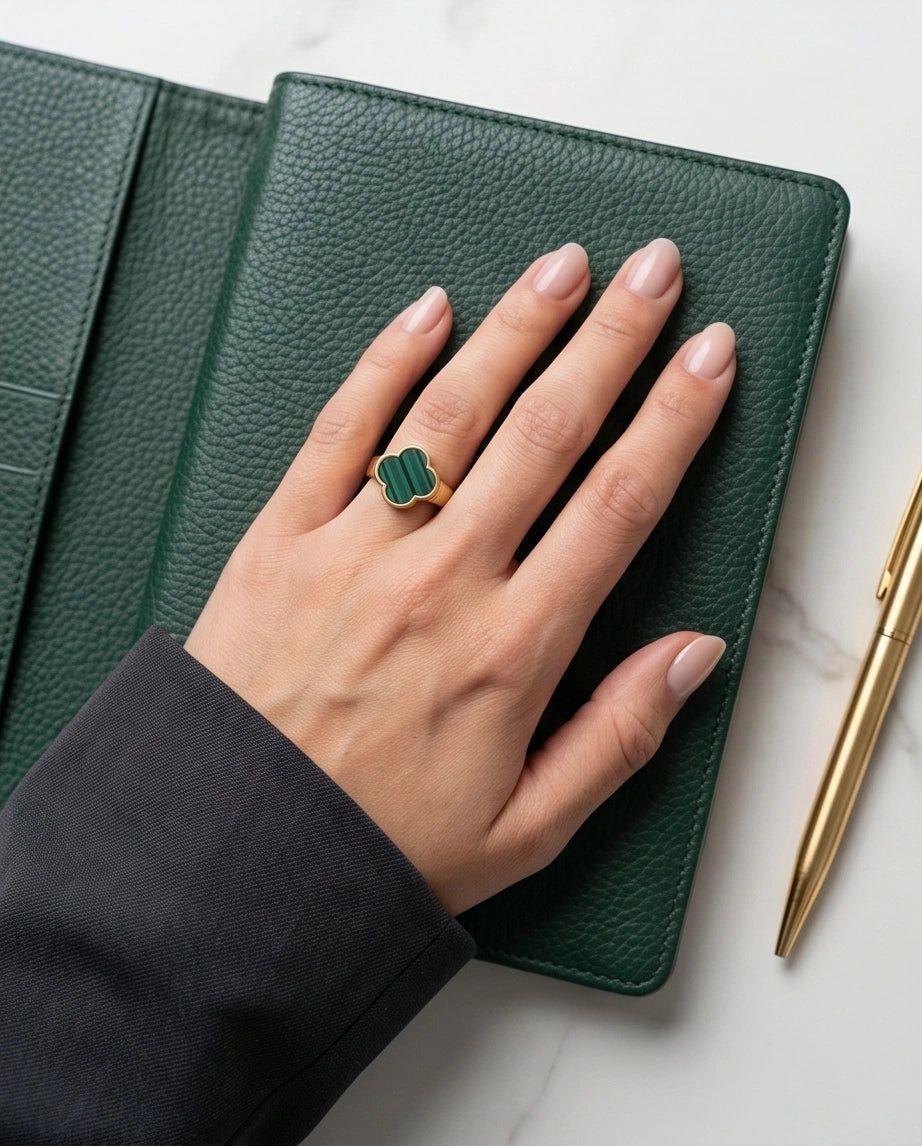 Golden Malachite Clover Minimalist Ring