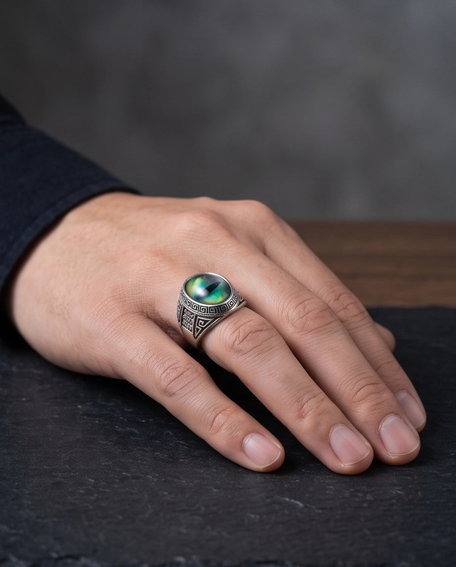 Emerald Green Slit-Pupil Dragon-Eye Greek Key Silver Ring